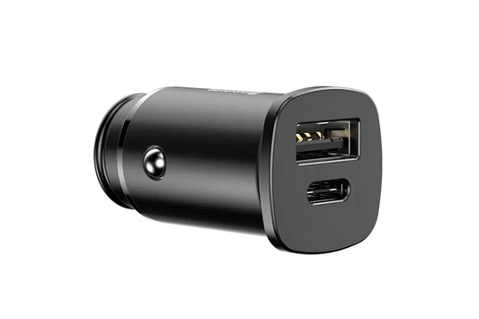 Incarcator auto Baseus din aluminiu cu porturi USB si Type-C, 12-24V, 30W, 5A