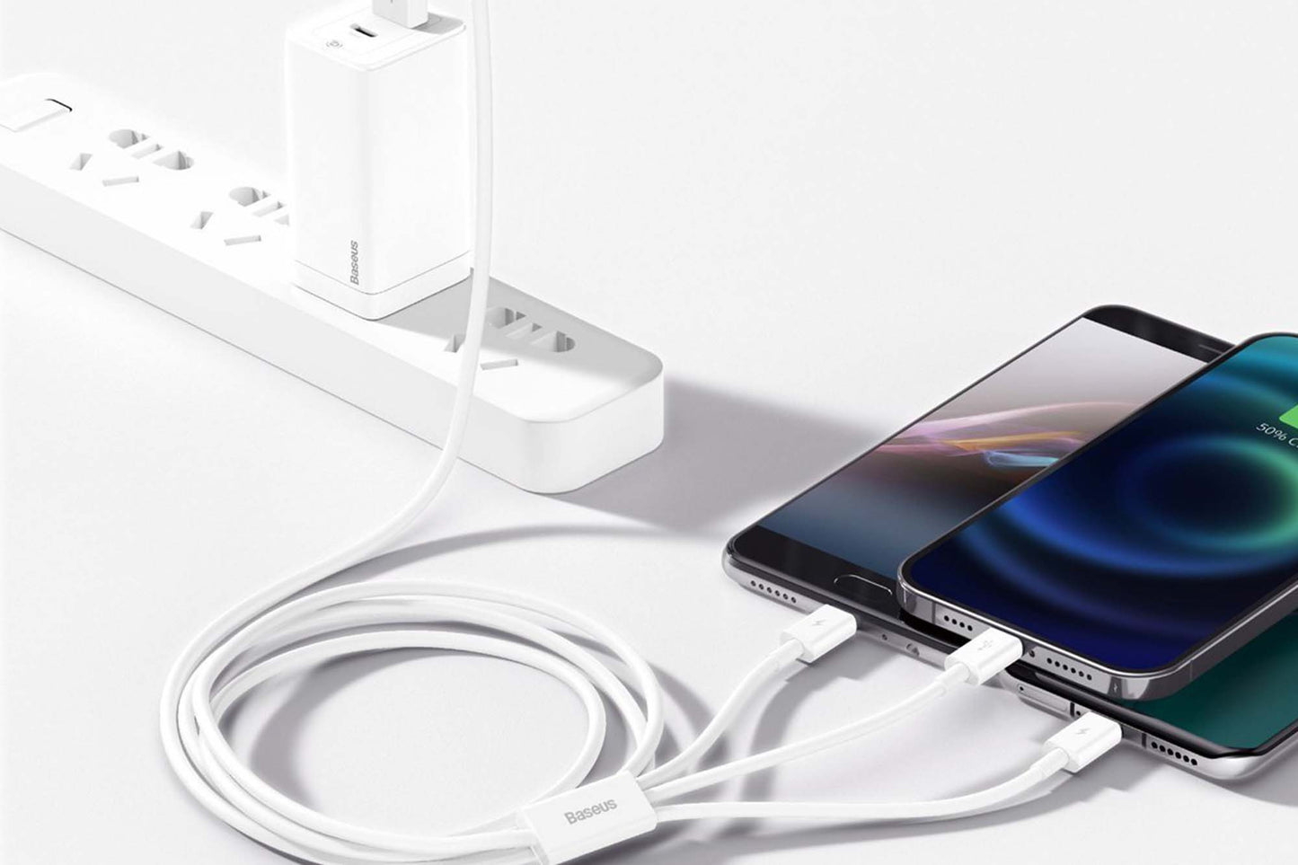 Cablu alb 3 in 1 Baseus Superior Data 3.5A, 150 cm, de la USB la conectori Micro-USB, iPhone si Type-C