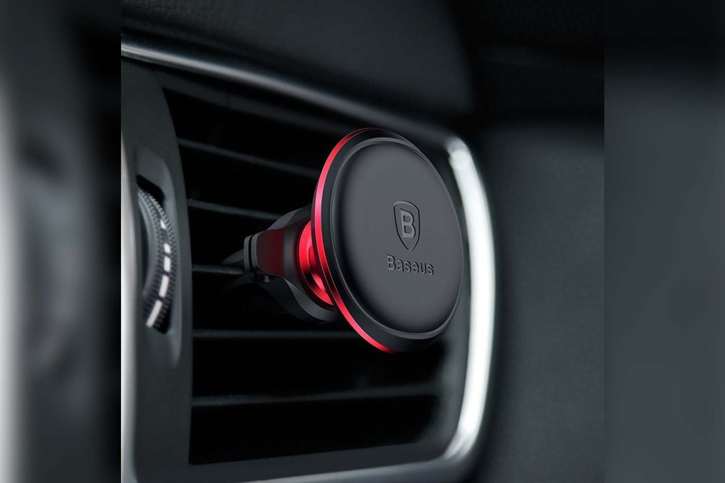 Suport telefon Baseus magnetic cu carcasa metalica rosie – montare pe grilele de ventilatie