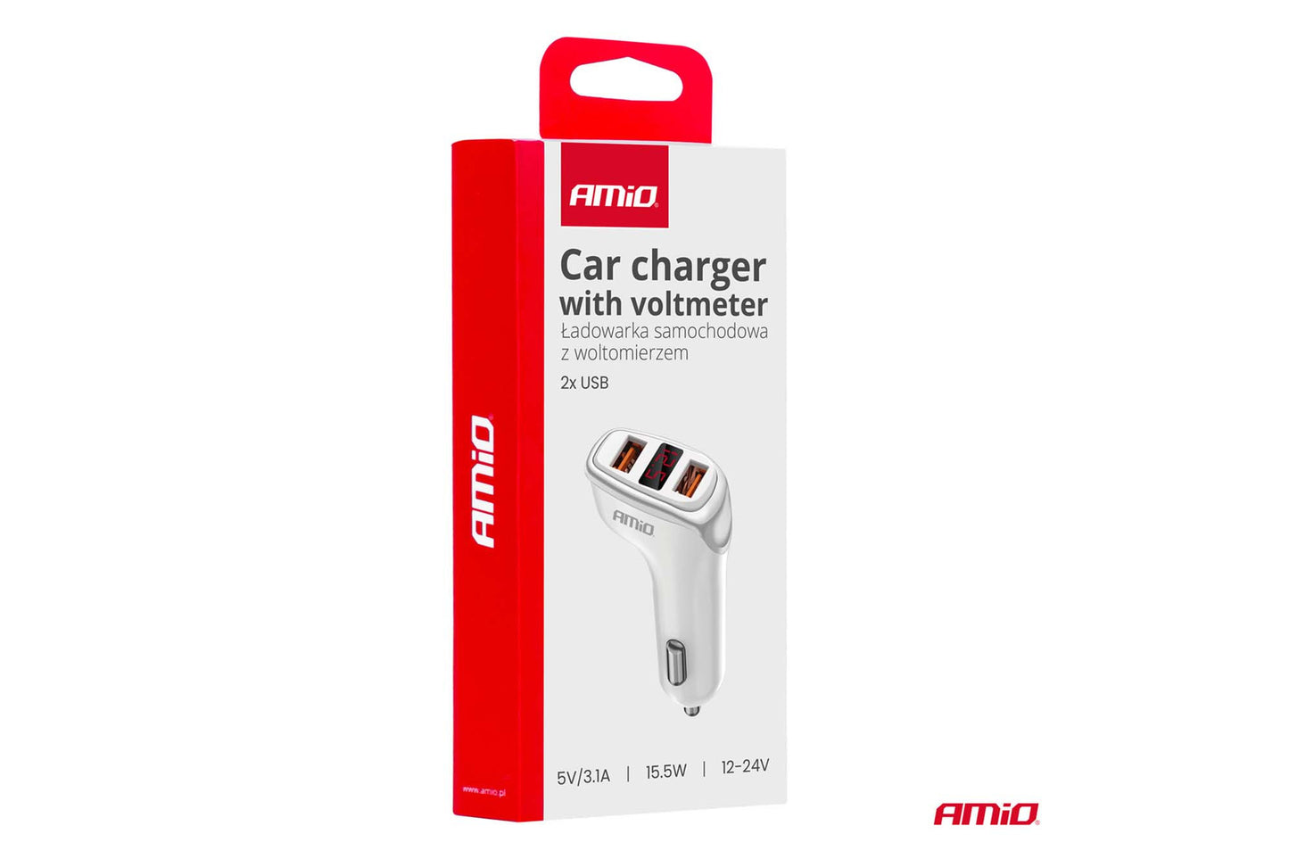 Incarcator auto Amio pentru bricheta cu 2 porturi USB si afisaj, 12/24V, 15.5W, 3.1A