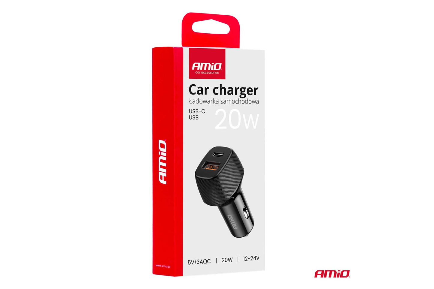 Amio Lighter Charger with USB and USB-C port 12/24V, 20W, black with carbon pattern