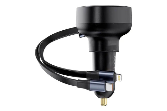 Baseus Enjoyment Pro este un incarcator auto cu un port USB si doua cabluri Type-C si Iphone, compatibil cu tensiuni intre 12-24V si o putere de 60W