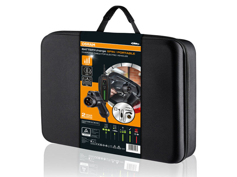 Statie de incarcare portabila Osram BATTERYcharge cu 5 pini tip 1 pentru vehicule electrice si hibride plug-in, pana la 3.6W, pana la 16A, 240V.