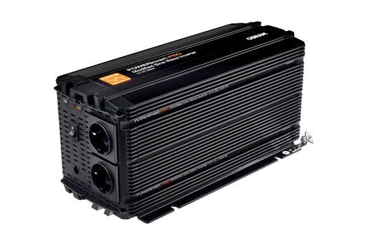 Invertor de curent monofazat Osram, cu unda sinusoidala modificata, 12V DC, 2000W, 196A, 50Hz, 200-240Vrms, cu doua contacte.