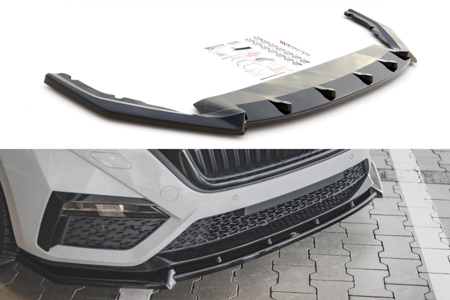 Spoiler Maxton Design versiunea 1 pentru bara față RS a Skoda Octavia (după 2020), negru lucios