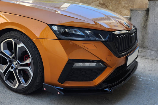 Maxton Design spoiler front lip V2 pentru bara fata RS a Skoda Octavia (dupa 2020), negru lucios