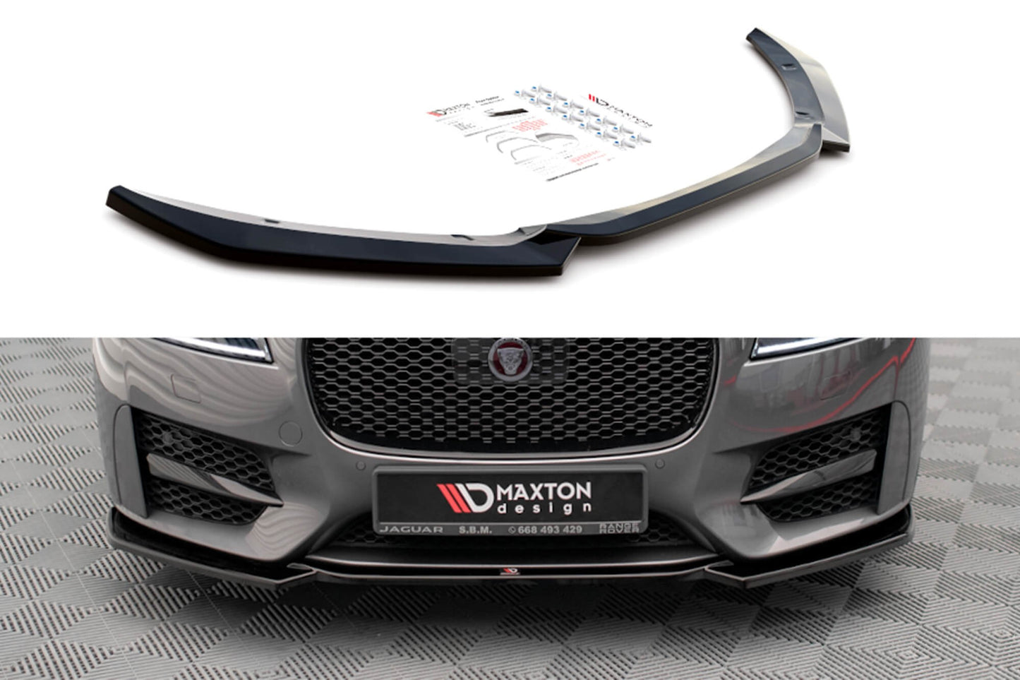 Spoiler Maxton Design versiunea 1 pentru bara fata a Jaguar XF R-Sport (2015-2020), negru lacuit