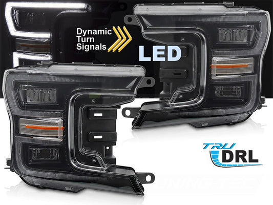 Set faruri LED tuning pentru Ford F150 (2017-2020) cu baza neagra, pentru modelul cu lumini DRL din fabrica, cu semnalizari dinamice, stanga si dreapta