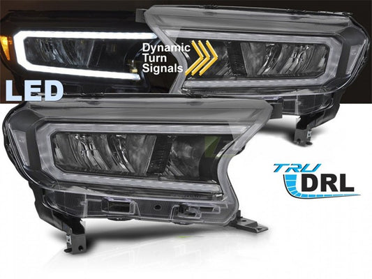 Set faruri tuning LED pentru Ford Ranger (2016-2022), cu baza neagra, cu semnalizatoare dinamice, pentru modelul cu lumini DRL din fabrica, stanga si dreapta