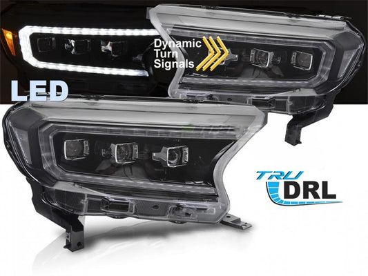 Set faruri tuning LED pentru Ford Ranger (2016-2022), cu baza neagra, cu semnalizatoare dinamice, pentru modelul cu lumini DRL din fabrica, cu functie „Welcome”, stanga si dreapta