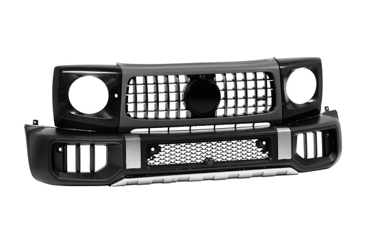 Set bara fata crom tip W465 compatibila cu Mercedes G Class W464 (dupa 2018) cu PDC, grila, capace faruri, extensii aripi