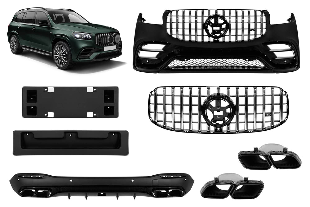 Tuning package with black elements and chrome/black grille, compatible with Mercedes GLS X167 (2020-2023) for models equipped with AMG Line rear bumper