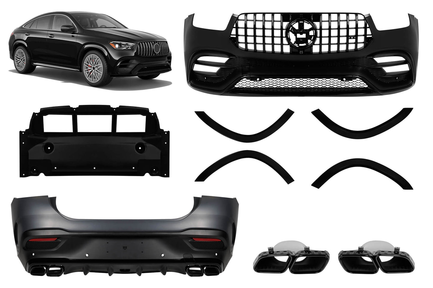 Pachet de tuning compatibil cu Mercedes GLE Coupe C167 după 2019, cu ornamente negre, grilă neagră și tipsuri negre