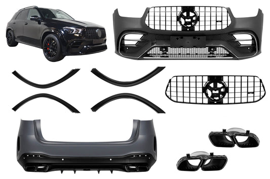 Pachet tuning tip 63 compatibil cu Mercedes GLE SUV W167 dupa 2020, cu elemente negre.