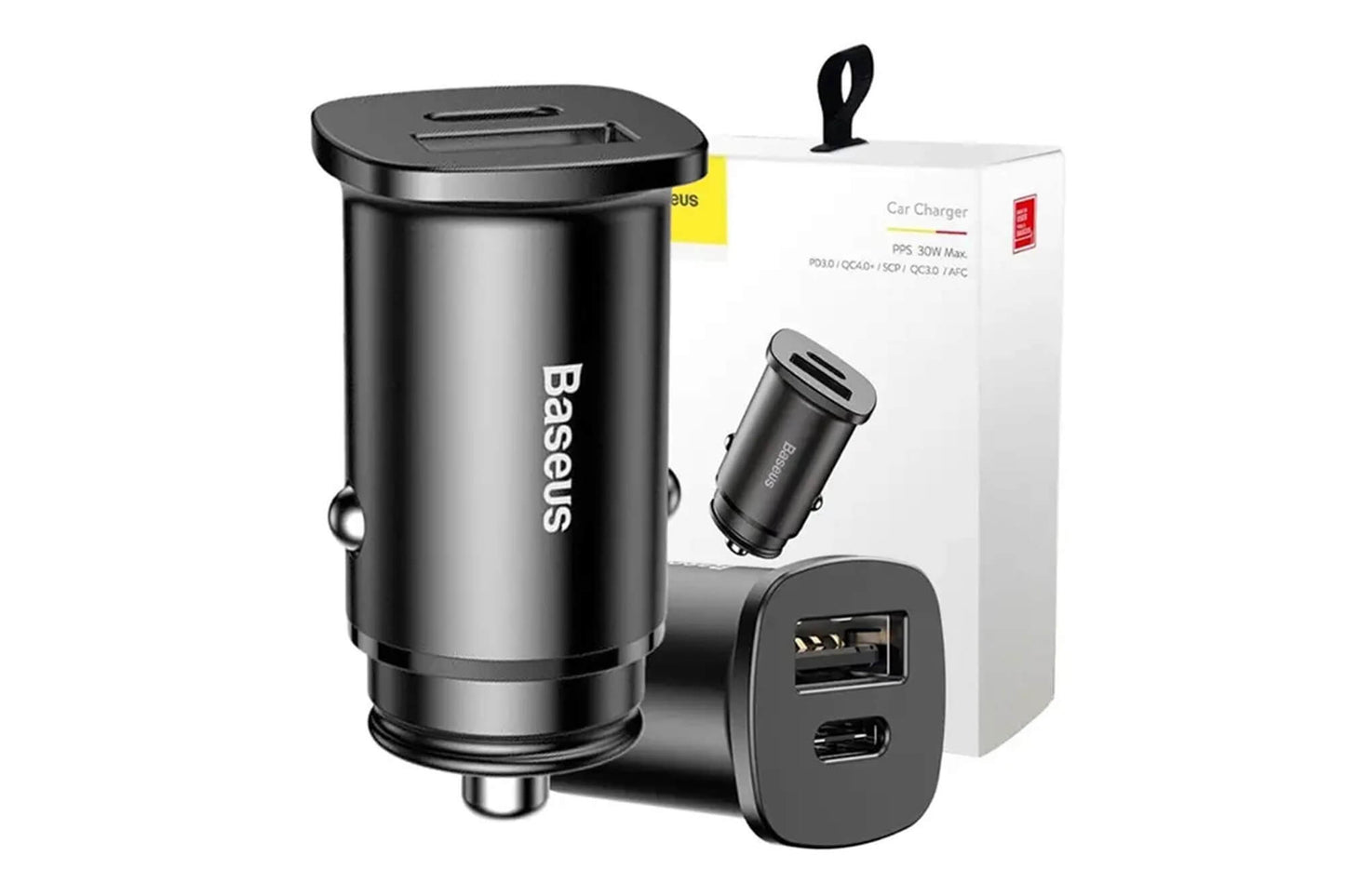 Incarcator auto Baseus din aluminiu cu porturi USB si Type-C, 12-24V, 30W, 5A