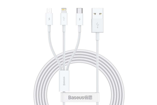 Cablu alb 3 in 1 Baseus Superior Data 3.5A, 150 cm, de la USB la conectori Micro-USB, iPhone si Type-C