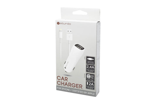 Incarcator auto USB alb Sturdo, 2xUSB, 2A, cu cablu USB pentru iPhone, 1m