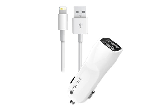 Incarcator auto USB alb Sturdo, 2xUSB, 2A, cu cablu USB pentru iPhone, 1m