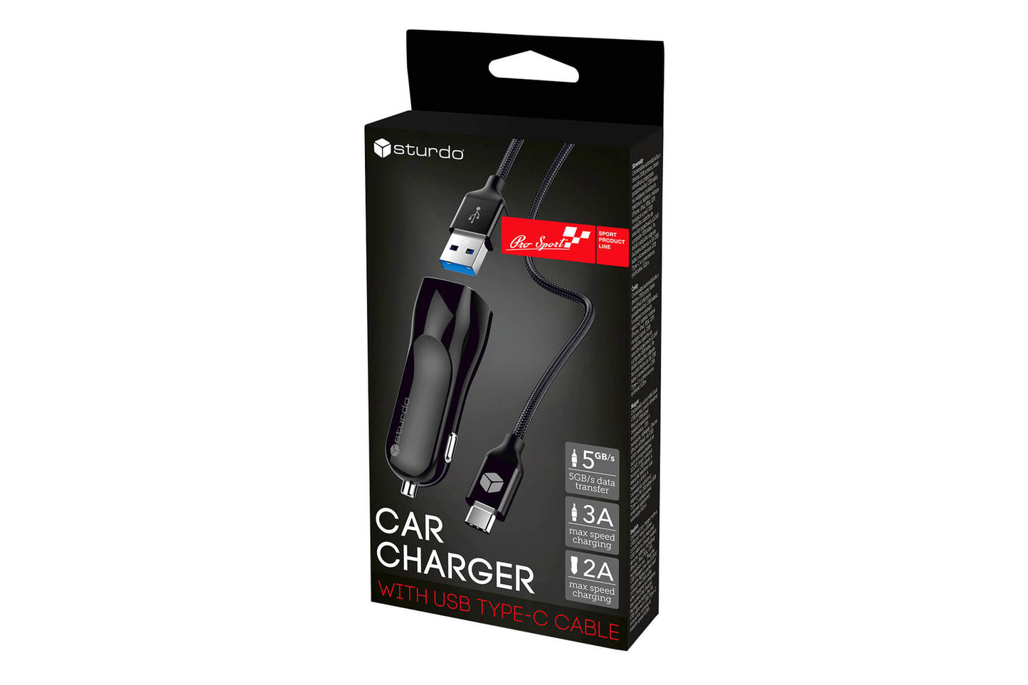 Sturdo Incarcator auto USB negru, 2xUSB, 2A, cu cablu USB Type C, 5 GB/s, 3A, 1m