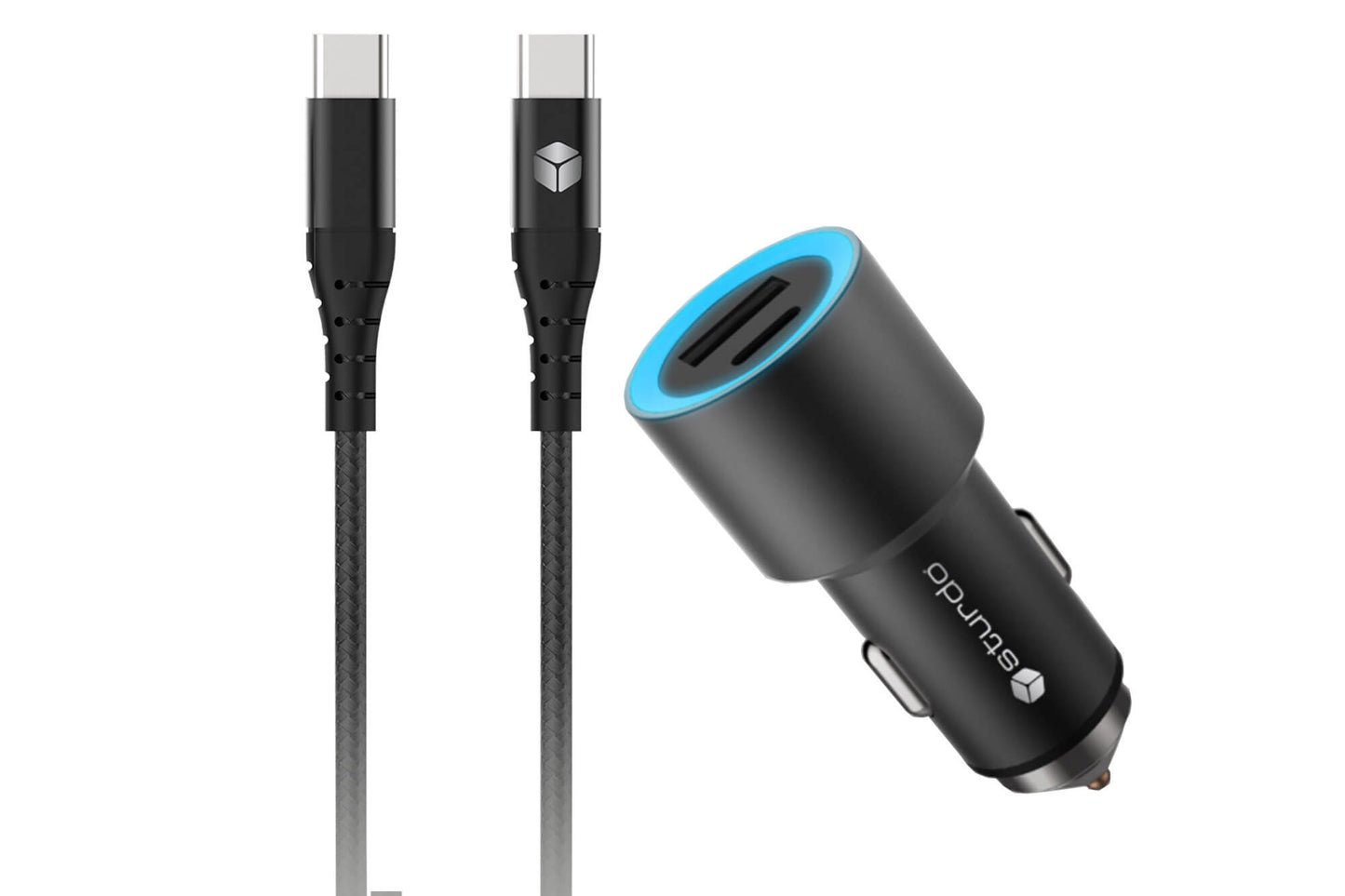 Sturdo încărcător auto USB negru QC 3.0, USB Type C și USB, cu cablu USB Type C, 1m
