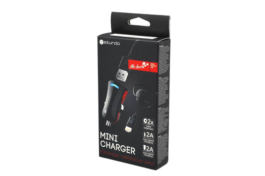 Incarcator auto mini USB negru Sturdo Pro Sport series 2A, cu cablu MFI Lightning pentru iPhone, 1m