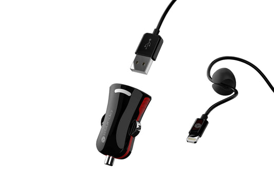 Incarcator auto mini USB negru Sturdo Pro Sport series 2A, cu cablu MFI Lightning pentru iPhone, 1m