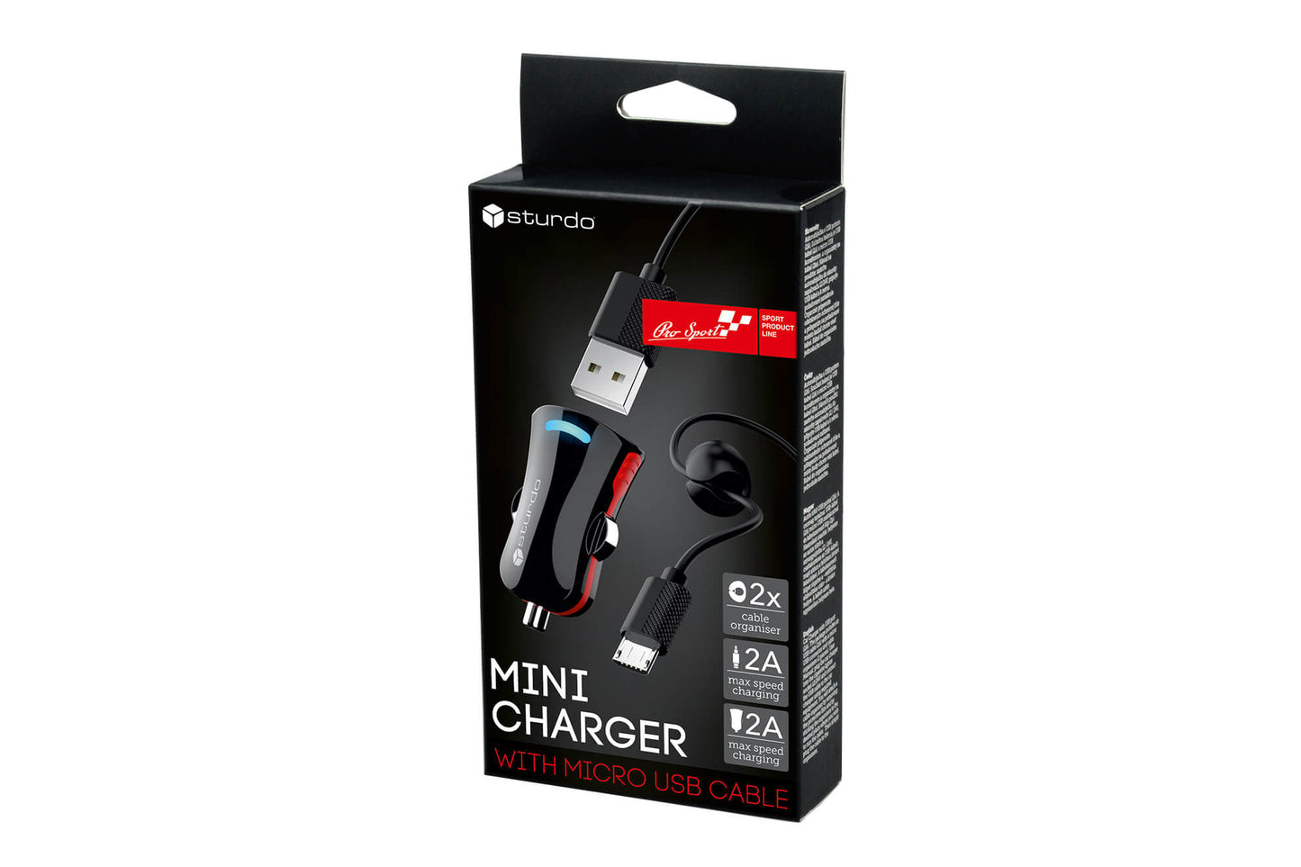 Încărcător auto mini USB negru Sturdo Pro Sport series 2A, cu cablu micro USB, 1m