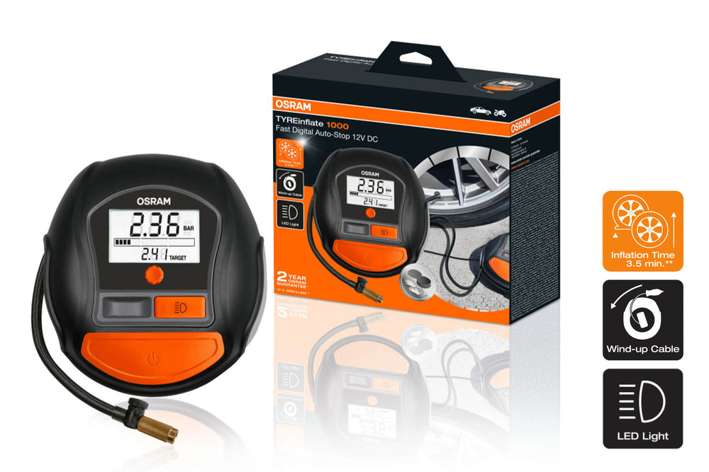 Compresor digital Osram model 1000 pentru anvelope, 12V, 15A, 5.5 bar