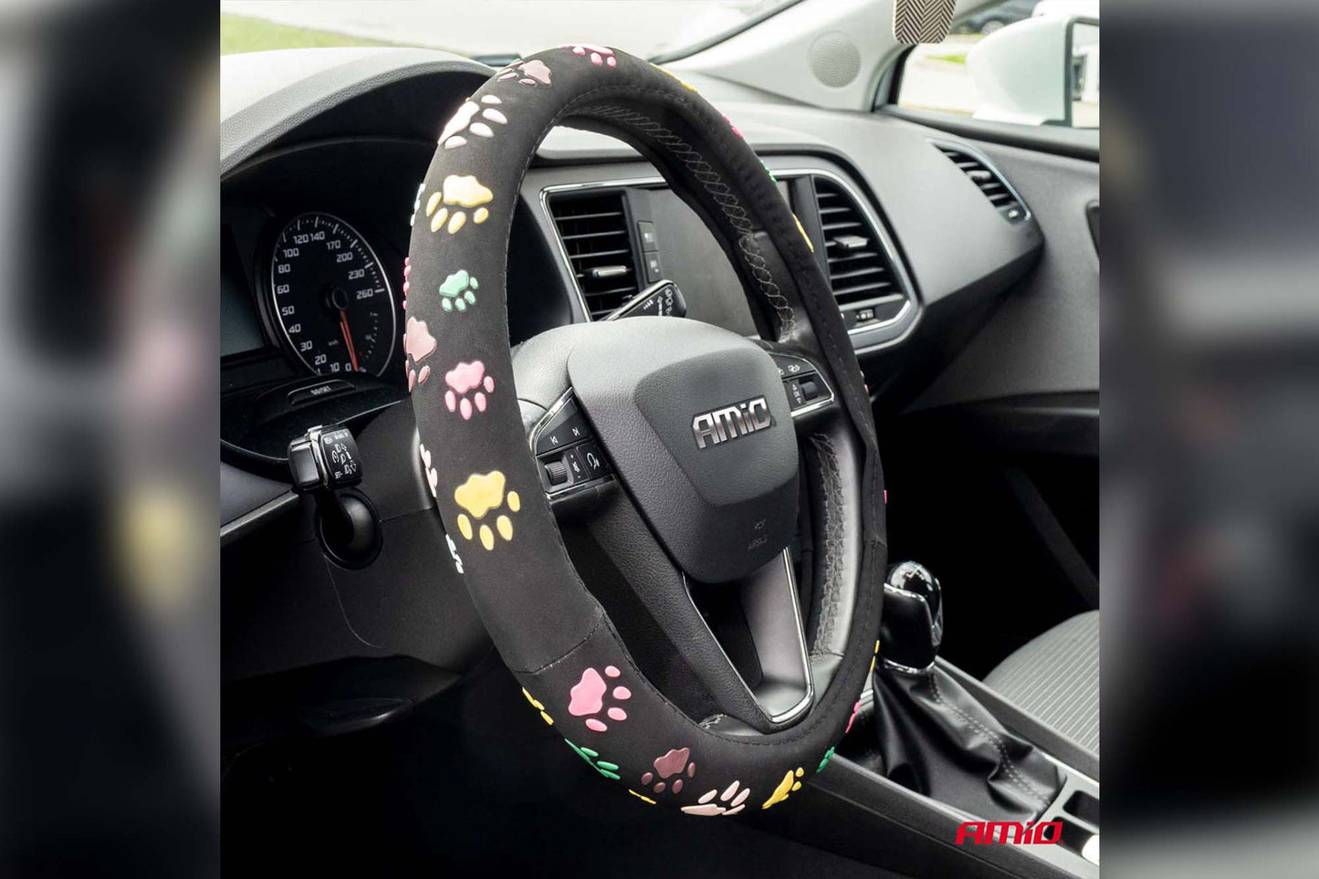 Husa volan Amio 37-39cm, neagra cu labute colorate