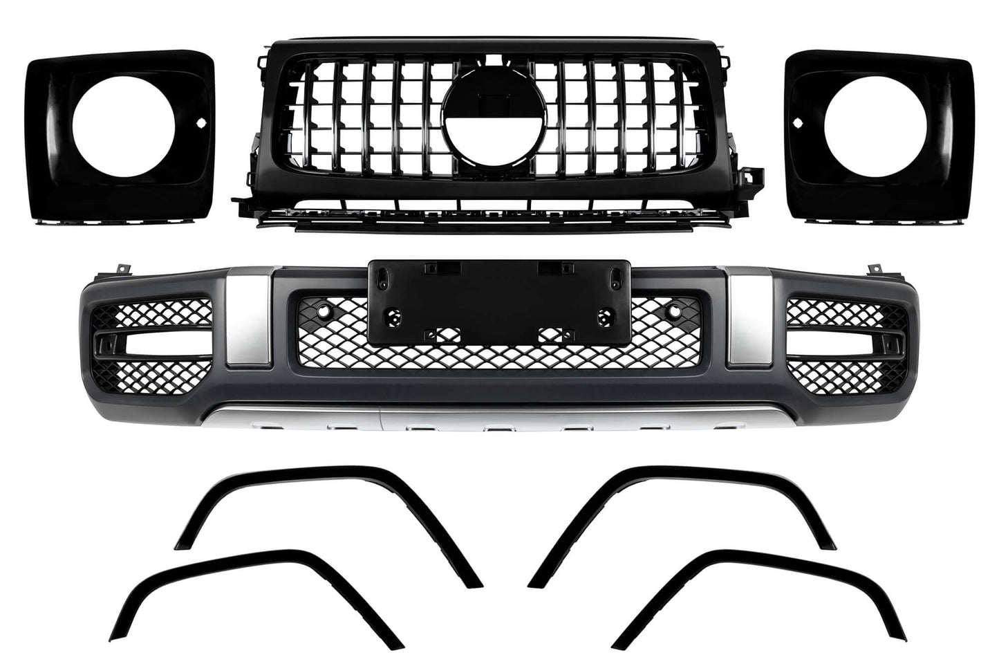 Kit tuning bară față tip 63 compatibil cu Mercedes G class W464 (după 2018), cu PDC, grilă, capace faruri, aripi laterale