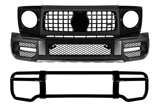 Bara față tuning tip 63 cu vopsea neagră compatibilă cu Mercedes G-Class W464 (după 2018) cu PDC, grilă, capace faruri, extensii aripi