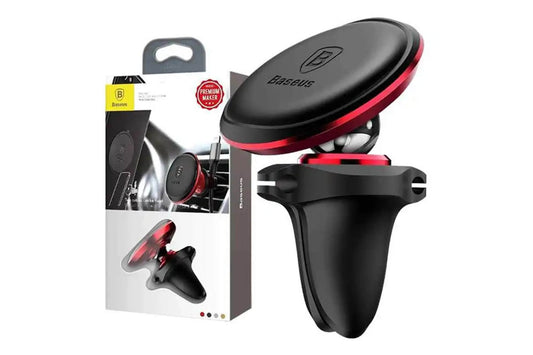 Suport telefon magnetic Baseus cu carcasa metalica rosie – montaj pe grilele de ventilatie