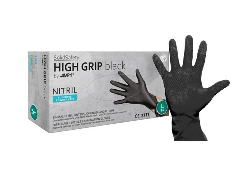 AMPri SolidSafety High Grip Nitrile Gloves, 100 pieces, black