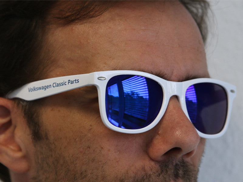 Volkswagen Classic sunglasses with white frames and blue lenses
