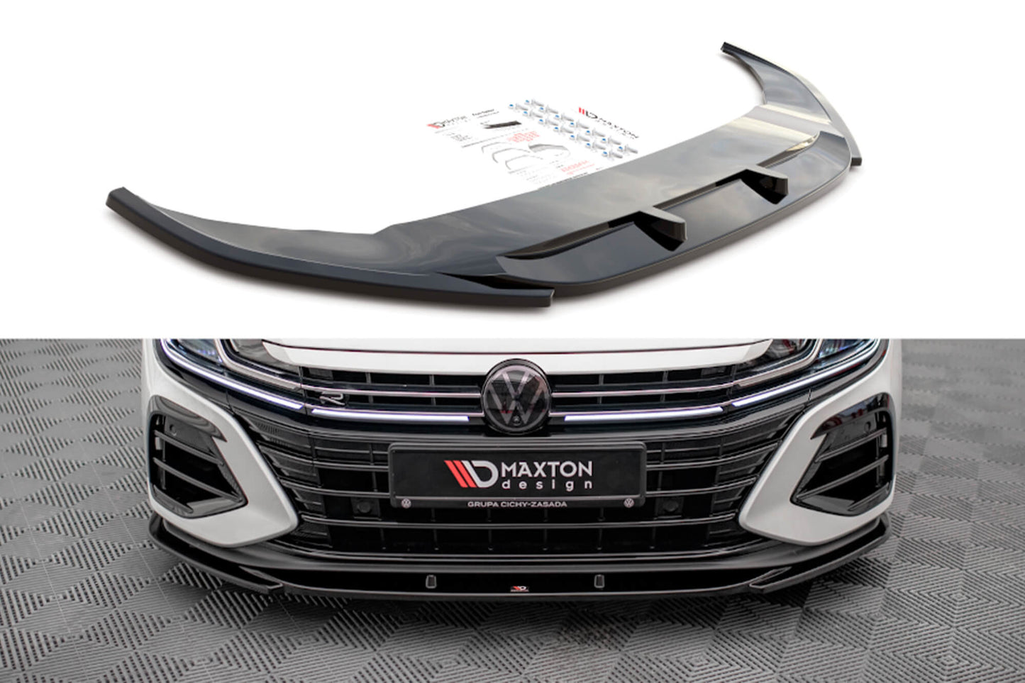 Splitter Maxton Design versiunea 2 pentru bara fata Volkswagen Arteon R (dupa 2020), culoare negru lacuit