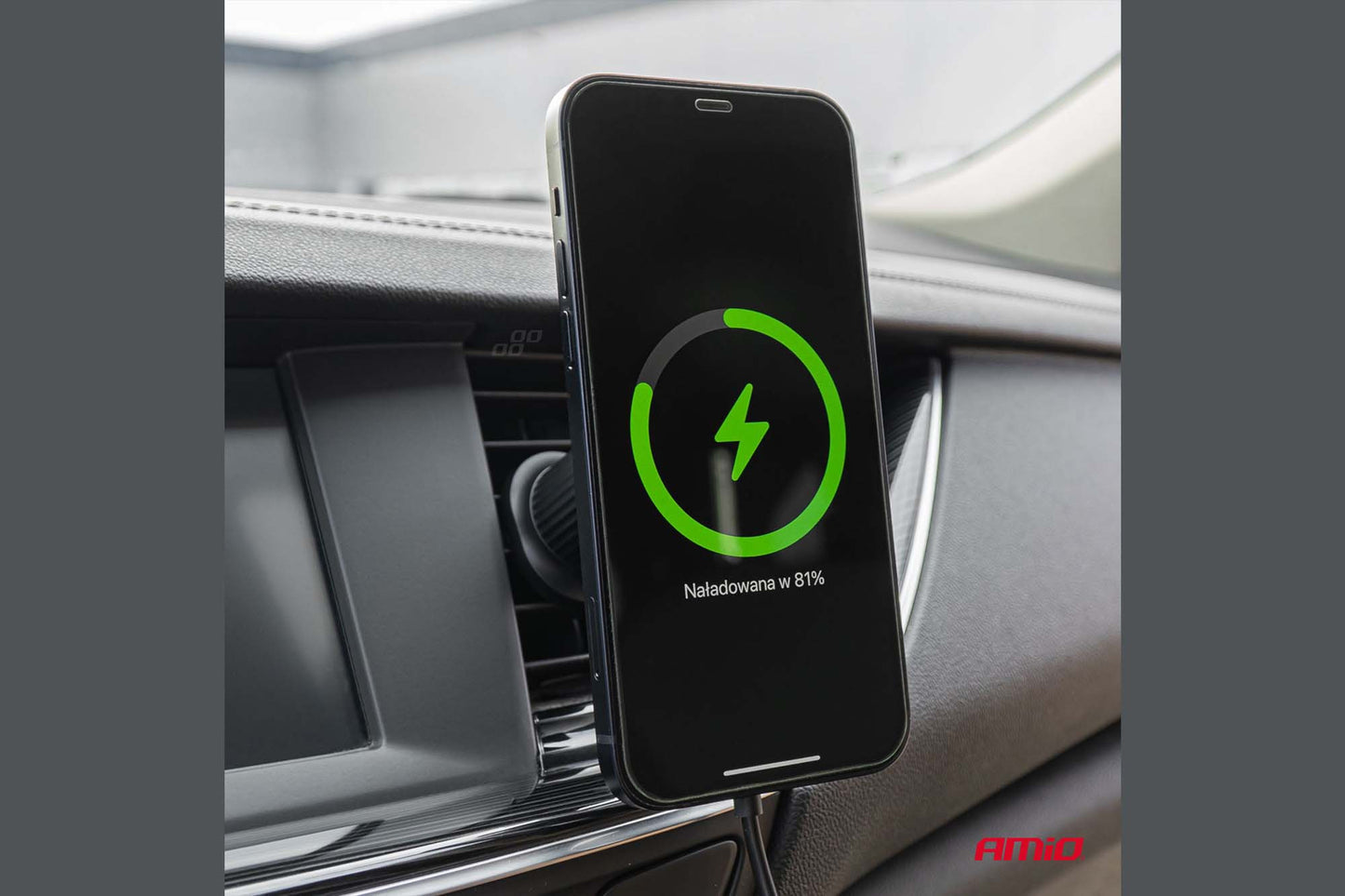 Suport Amio cu cap magnetic rotund pentru telefon cu incarcare wireless 15W MegaSafe – montare pe grilele de ventilatie