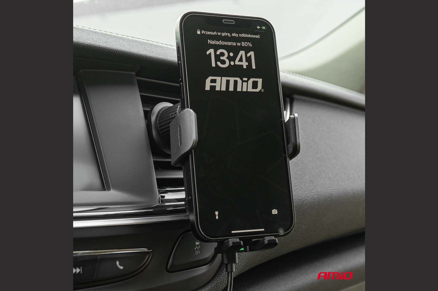 Suport Amio pentru telefon cu incarcare wireless Quick Charge 15W – montare pe grilele de ventilatie