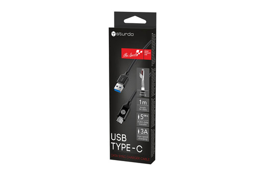 Cablu USB negru din textil Sturdo, Type C, 3A, 5 GB/s, 1m