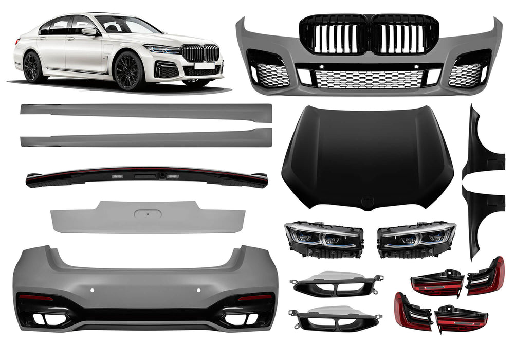 LCI tuning package compatible with BMW 7 Series G12 long wheelbase (2016-2018), with glossy black elements