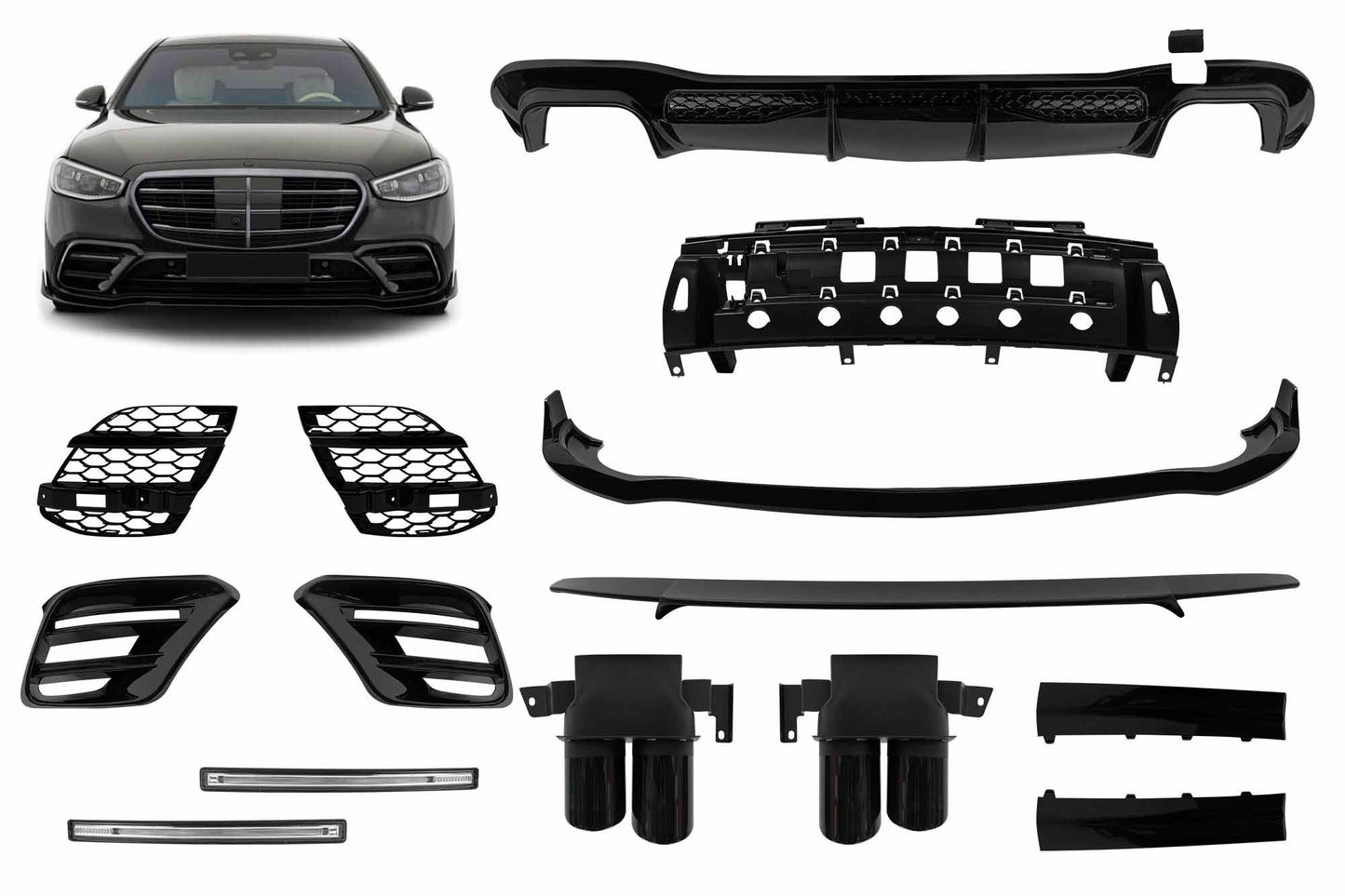 Tuning accessories compatible with Mercedes S-Class W223 (post-2020) AMG front and rear bumpers with exhaust tips