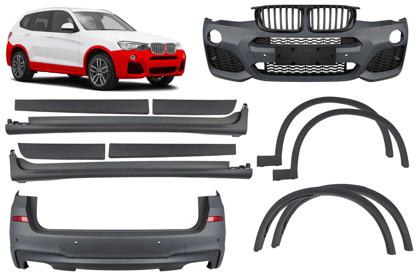 Tuning package compatible with BMW X3 F25 (2014-2017) with double diffuser, compatible with dual exhaust