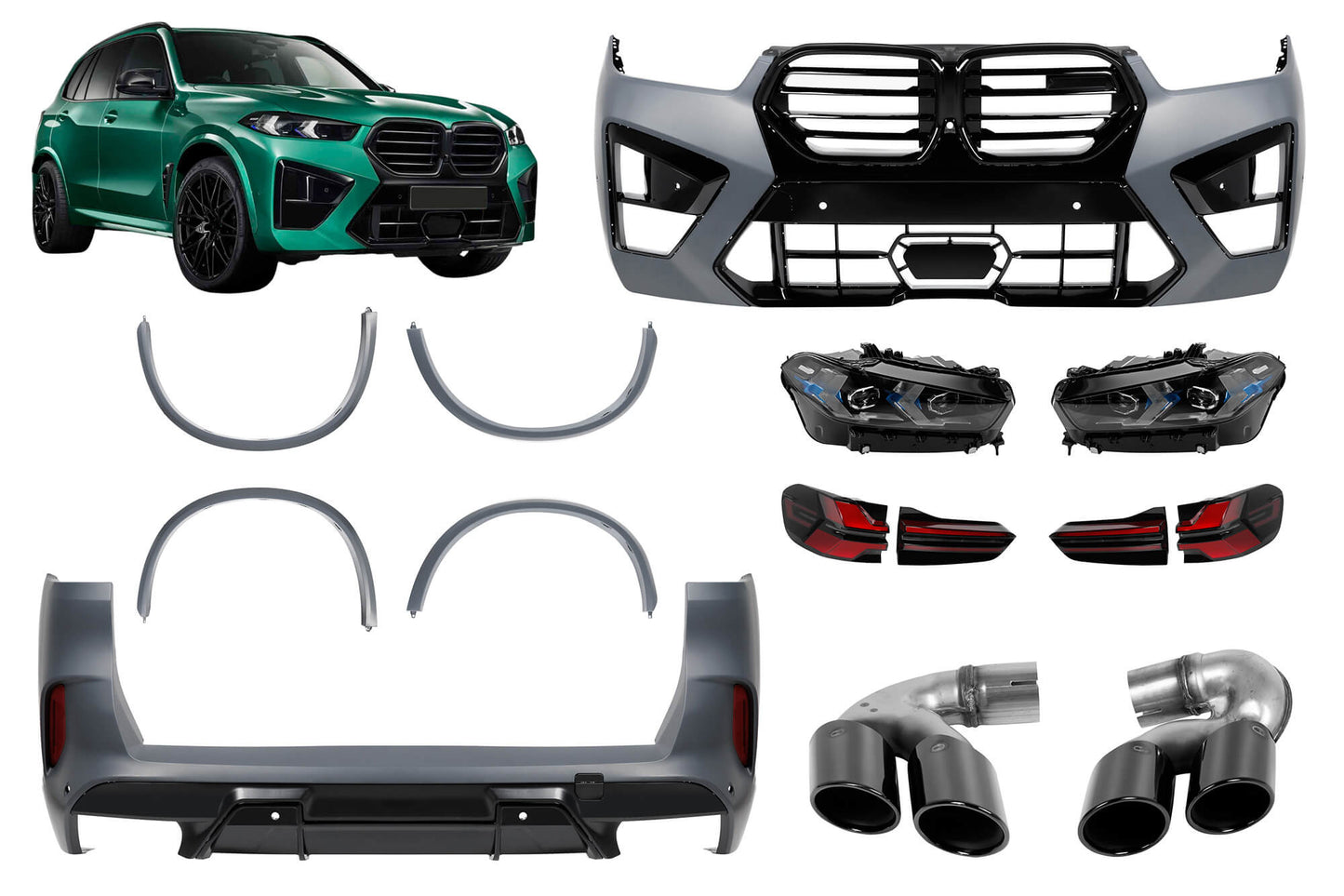 Pachet tuning compatibil cu BMW X5 G05 (2018-2022) convertit in X5M LCI dupa 2023, cu faruri si stopuri