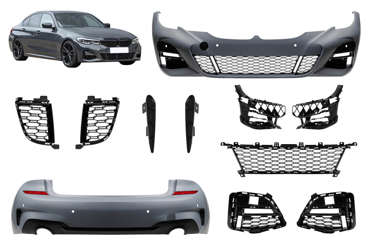 Tuning package compatible with BMW 3 Series G20 sedan (after 2019) with PDC, without ACC, without halogen, without side skirts