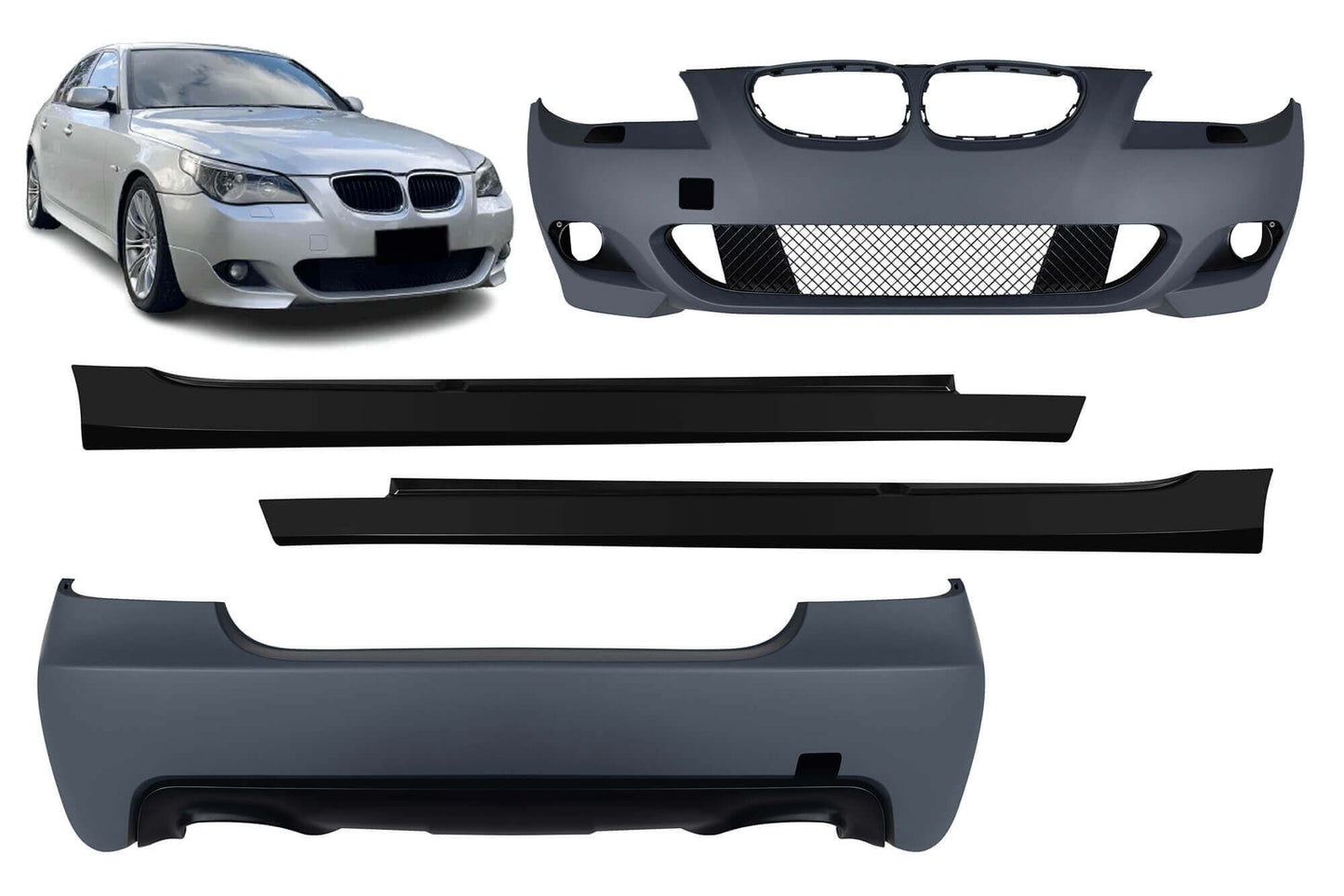 Pachet tuning compatibil cu BMW Seria 5 E60 (2003–2010) fara PDC, fara halogene, cu difuser dublu compatibil cu evacuare dubla