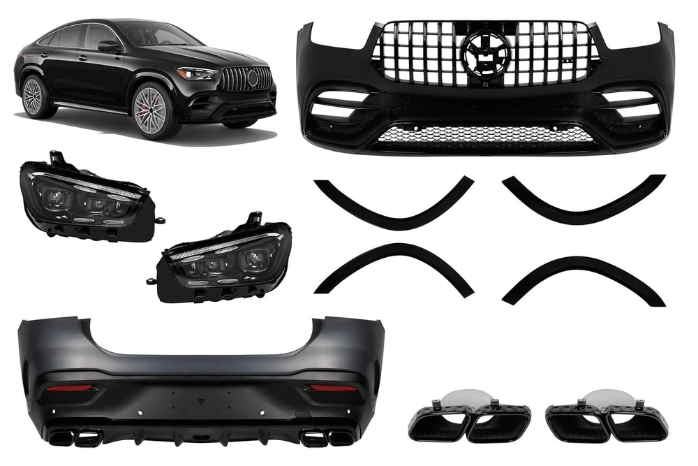 Tuning package compatible with Mercedes GLE Coupe C167 (2020-2023) with black trims, black grille, black exhaust tips and LED headlights
