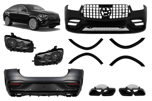 Tuning package compatible with Mercedes GLE Coupe C167 (2020-2023) with black trims, black grille, black exhaust tips and LED headlights