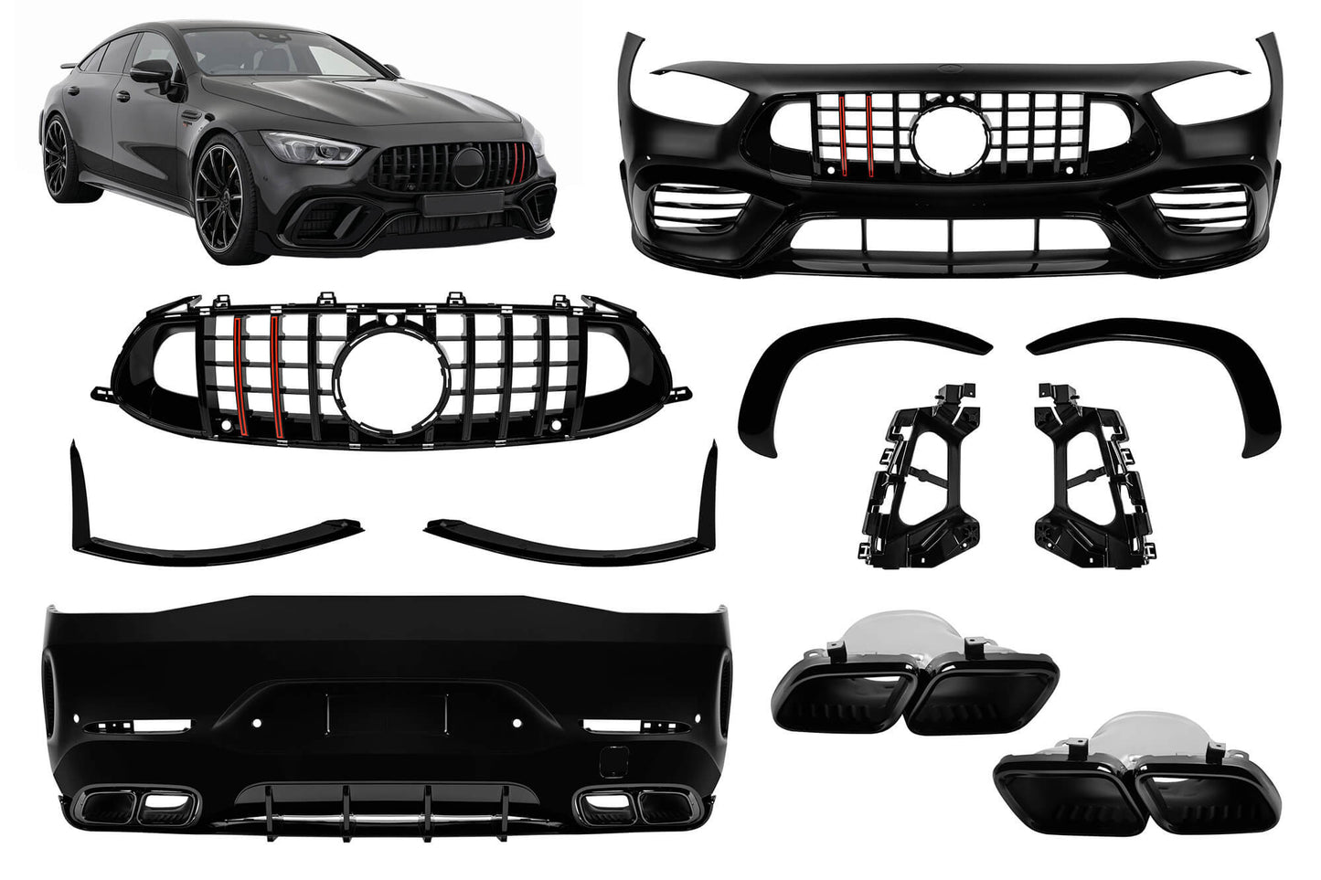 Pachet tuning tip 63 cu grilă negru lucios tip Brabus, cu linii roșii, compatibil cu Mercedes AMG GT X290 4 Door Coupe (după 2019)