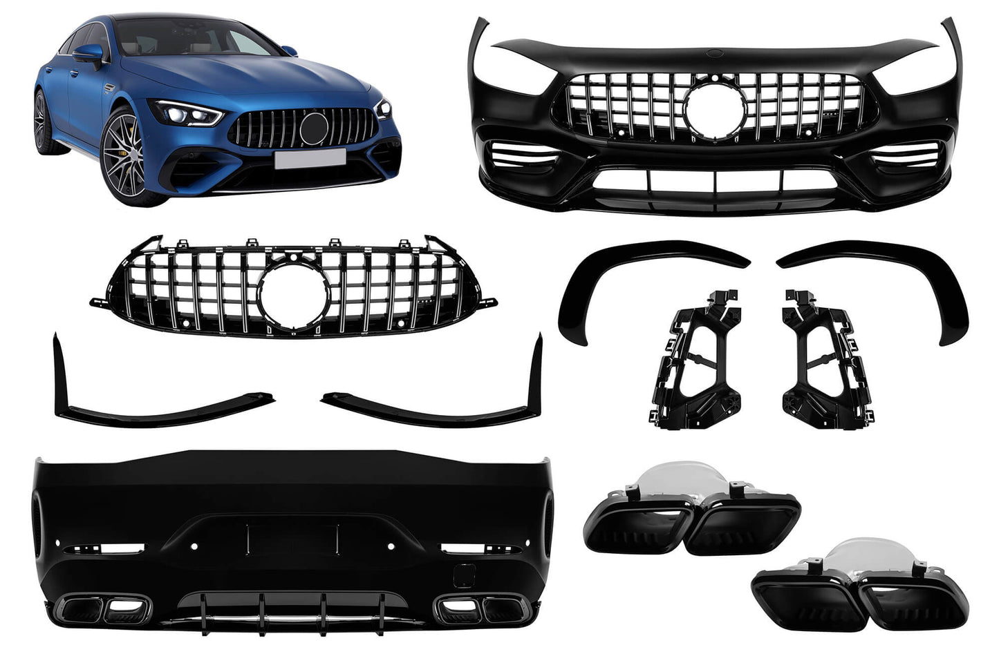 Pachet tuning tip 63 cu grilă GT cromată/neagră, compatibil cu Mercedes AMG GT X290 4 Door Coupe după 2019