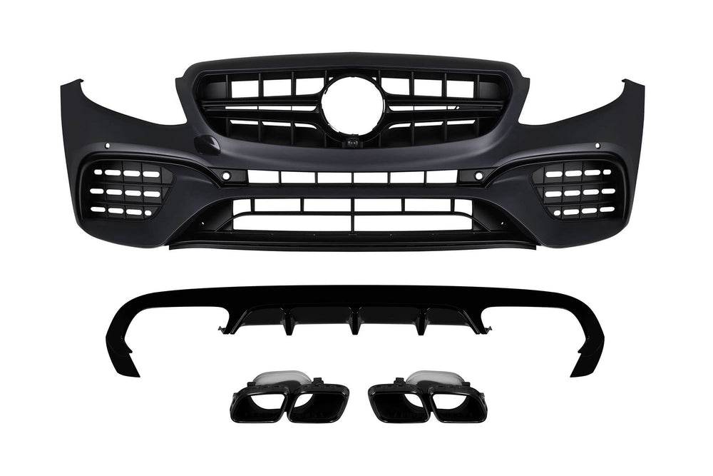 Pachet tuning tip 63 compatibil cu Mercedes E class C238 coupe, A238 cabrio (2017-2019) cu capace negre, pentru modelul cu bară spate AMG