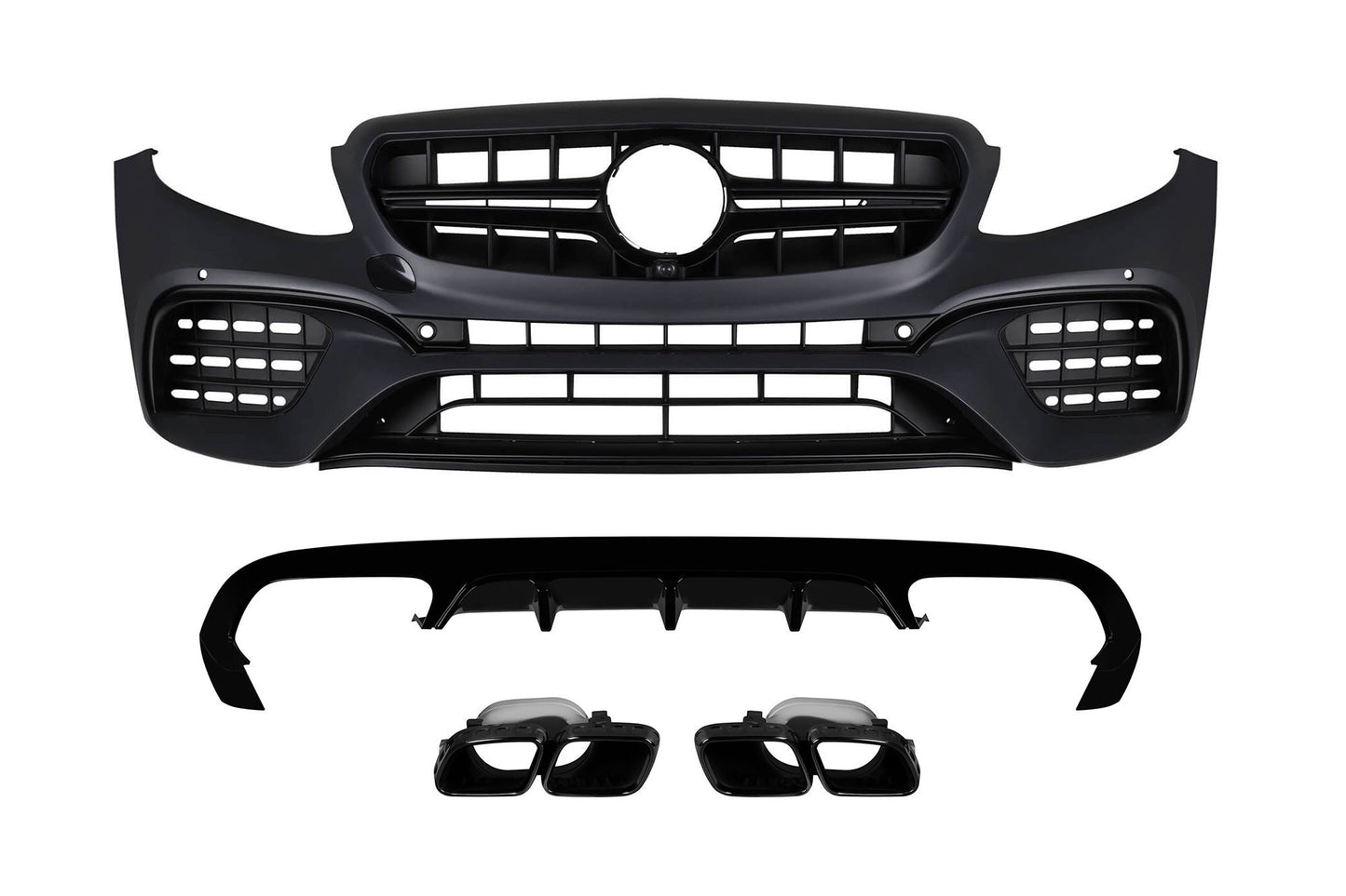Pachet tuning tip 63 compatibil cu Mercedes E class C238 coupe, A238 cabrio (2017-2019) cu capace negre, pentru modelul cu bară spate AMG